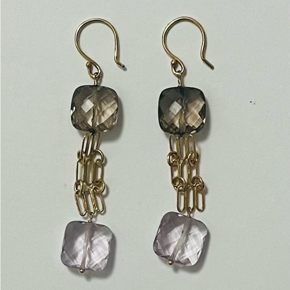 14k Gd Earrings - Quartz & Amethyst Three Oval Square